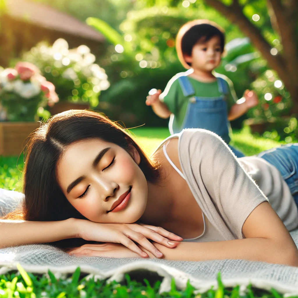 Planifier des moments de repos : Une jeune maman allongée sur un plaid dans un jardin paisible, les yeux fermés, un sourire détendu aux lèvres pendant que son enfant joue calmement près d'elle. Gérer la fatigue fibromyalgie maman