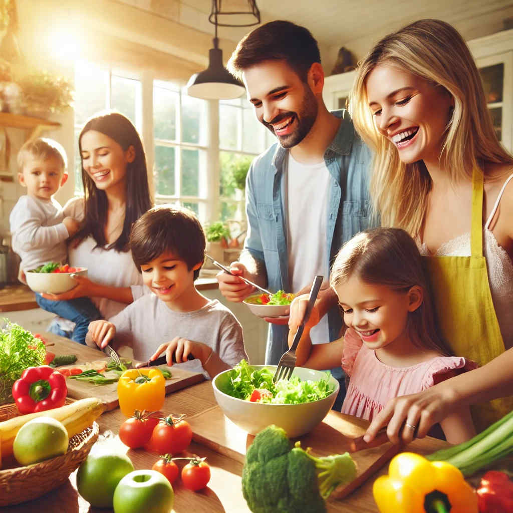 Adopter un mode de vie énergisant : Une famille préparant et savourant un repas sain et équilibré dans une cuisine baignée de lumière, les parents et enfants semblant heureux et pleins de vitalité.