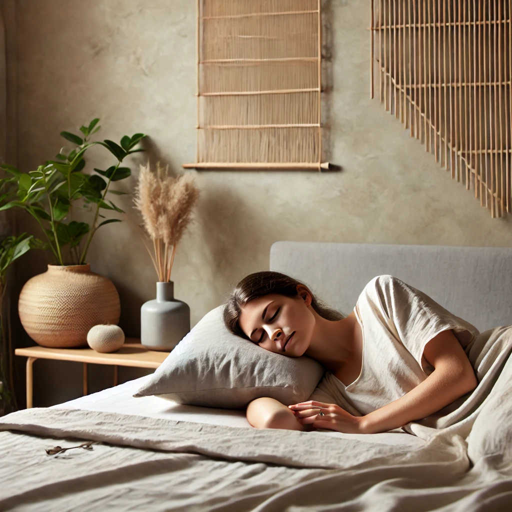 Favoriser un sommeil réparateur : Une chambre à coucher zen et apaisante avec des tons doux, une femme endormie paisiblement dans un lit confortable, un air serein sur le visage. Gérer la fatigue fibromyalgie maman