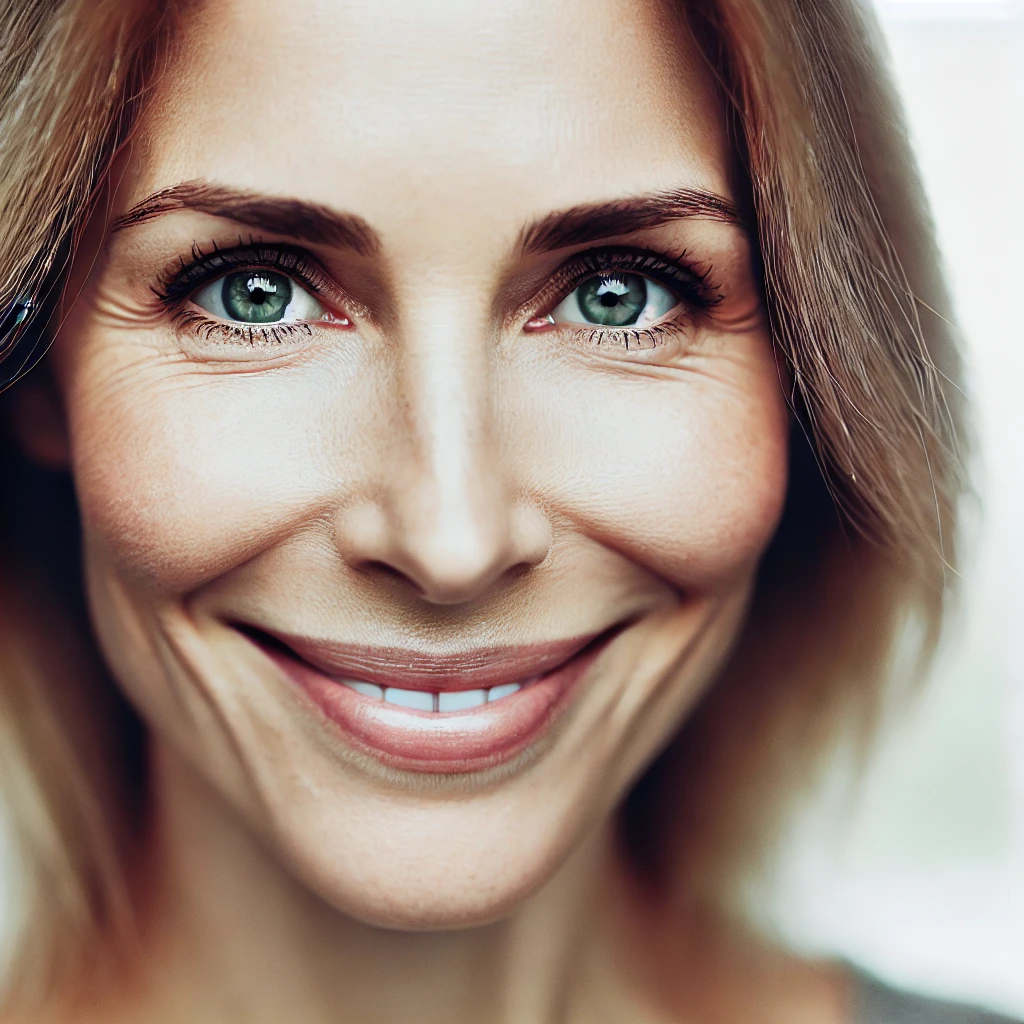Gérer la fatigue fibromyalgie maman Cultiver des pensées positives : Un gros plan sur le visage rayonnant et le sourire confiant d'une maman fibromyalgique, les yeux pétillants de détermination et de bienveillance envers elle-même.