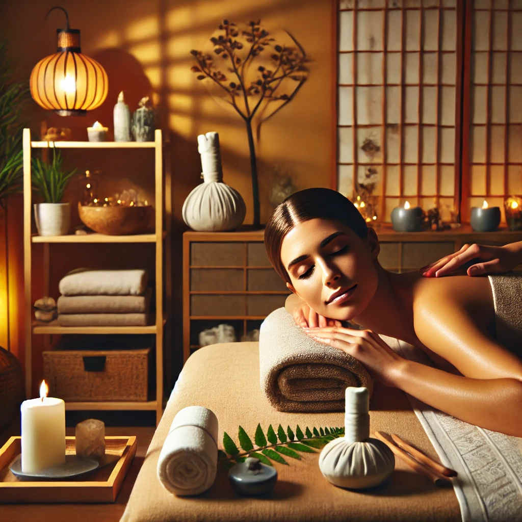 Chouchouter son corps et son esprit : Une salle de massage zen et apaisante où une jeune femme reçoit un massage relaxant, son visage arborant une expression de quiétude absolue. Gérer la fatigue fibromyalgie maman