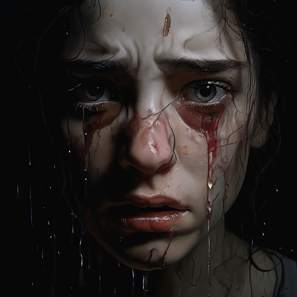 Origines fibromyalgie Lady Gaga - un jeune visage de femme avec une expression blessée et hantée, des larmes dans les yeux, sur un arrière-plan sombre et inquiétant suggérant un traumatisme enfoui.