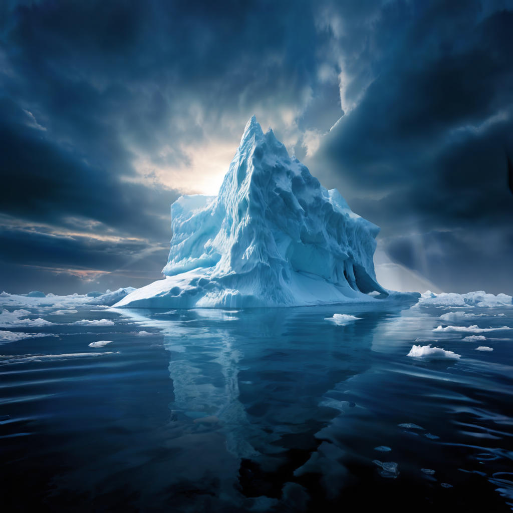 Un immense iceberg flottant majestueux, dont seulement une petite partie émerge de l'eau sombre et profonde, symbolisant la partie visible des douleurs physiques et la vaste partie immergée des blessures émotionnelles invisibles.