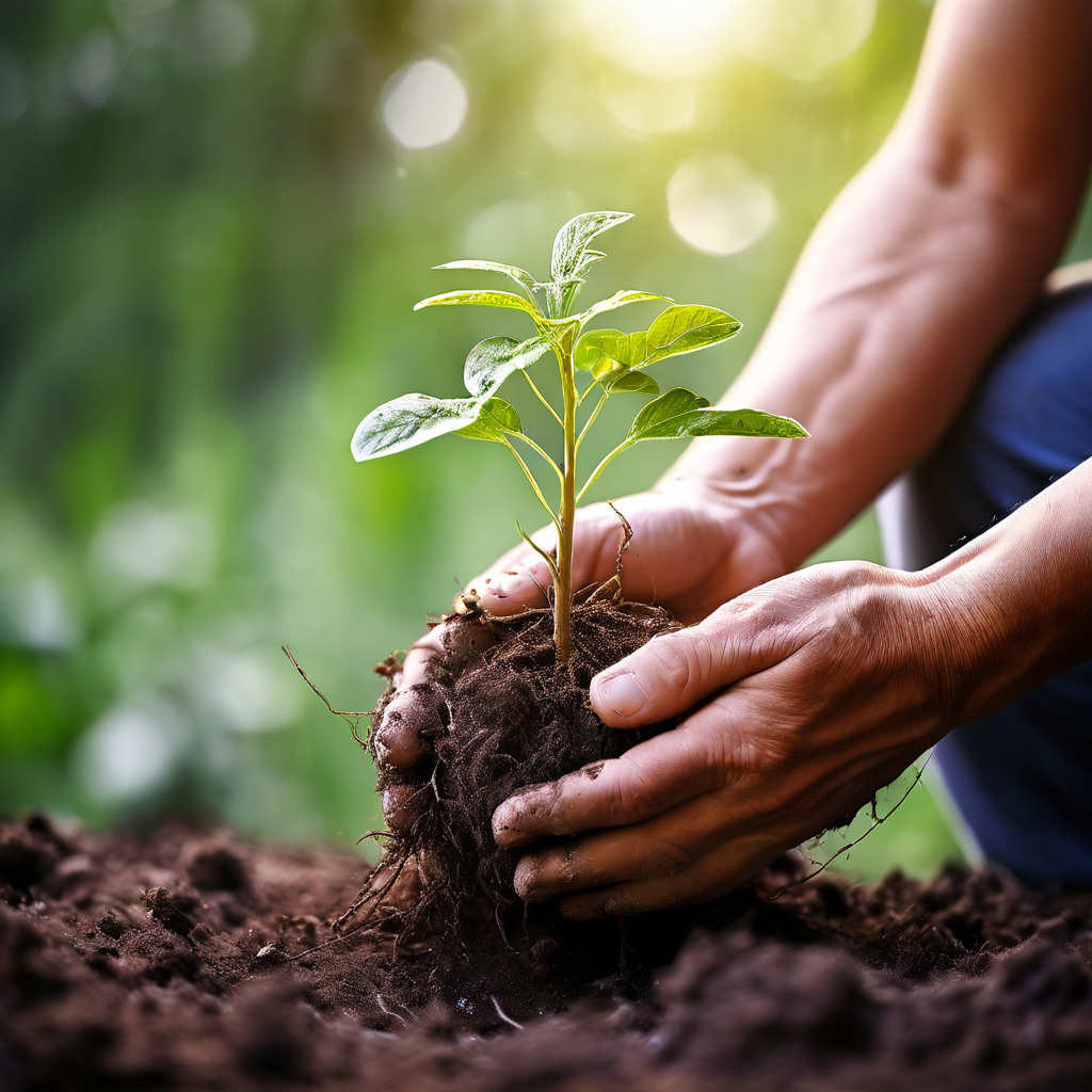Origines fibromyalgie Lady Gaga - des mains soignantes et bienveillantes ôtant délicatement la terre autour des racines noueuses et profondes d'une plante, métaphore pour déterrer avec précaution les causes complexes et intriquées à l'origine de la fibromyalgie.