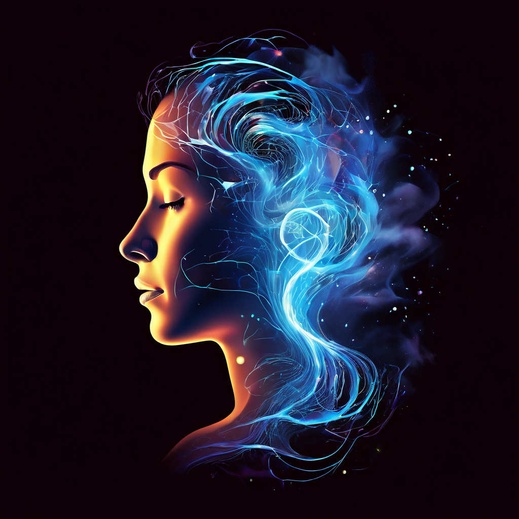 Origines fibromyalgie Lady Gaga - une image symbolique montrant d'un côté un visage humain contemplatif représentant l'esprit, et de l'autre une silhouette corporelle stylisée symbolisant le corps, tous deux reliés par des filaments lumineux tourbillonnants, suggérant l'harmonie à retrouver.