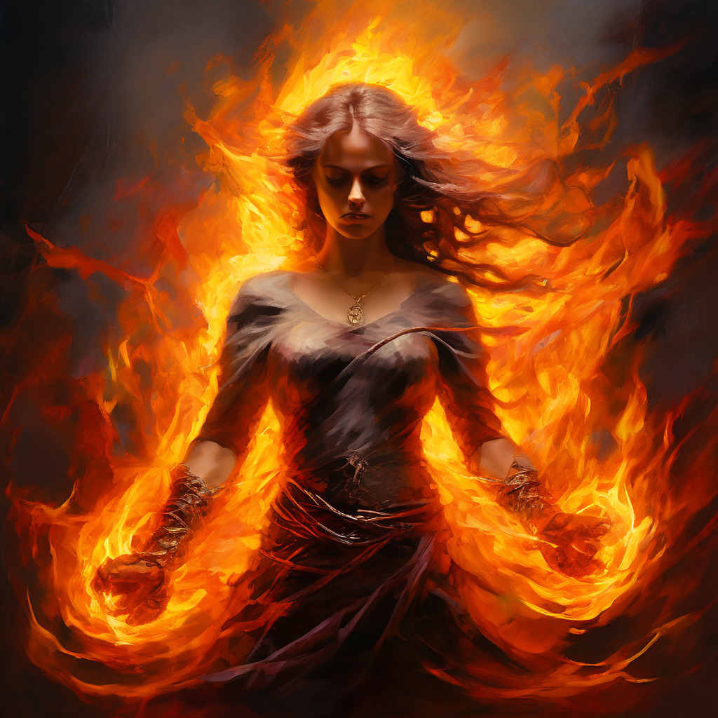 Une femme puissante et déterminée, entourée d'une aura flamboyante, brisant des lourdes chaînes qui l'entravaient, dans un geste de libération et de renaissance après avoir transcendé ses tourments intérieurs.