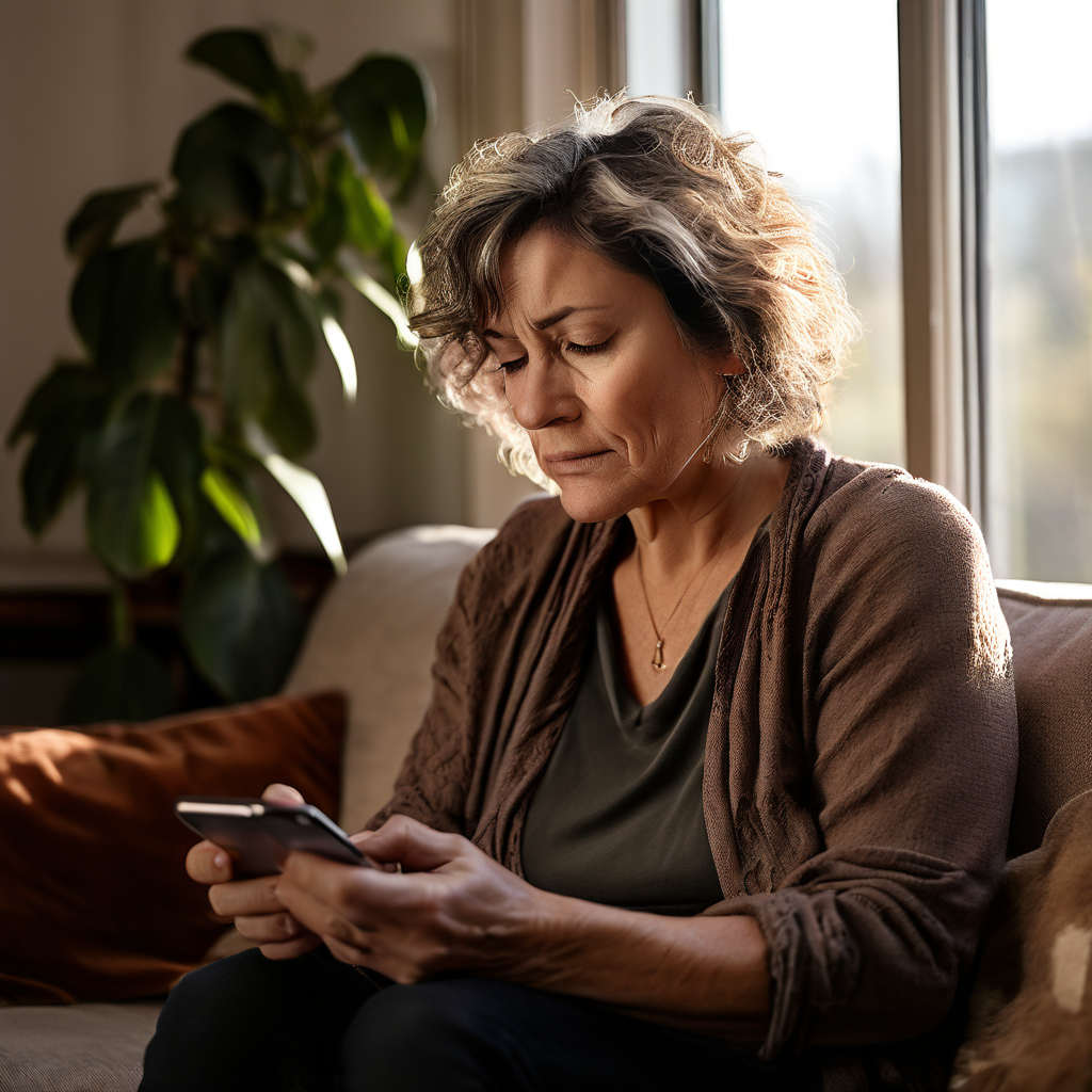 Femme épuisée par la fibromyalgie et la fatigue émotionnelle, isolée malgré les connexions numériques.