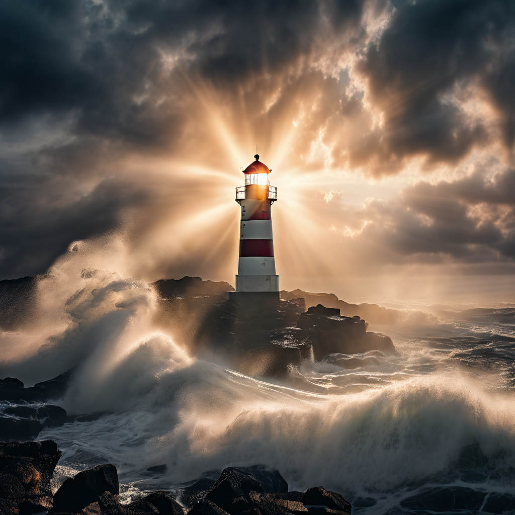 Phare lumineux symbolisant la pleine conscience comme ancre contre l'auto-sabordage des pensées dans la fibromyalgie.
