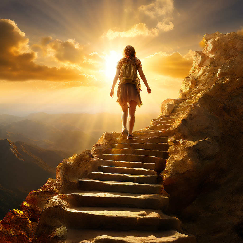 Fibromyalgie alchimie mentale. Le parcours d'une apprentie alchimiste vers la transformation de sa fibromyalgie, symbolisé par l'ascension d'une montagne dorée.