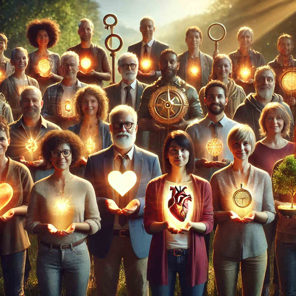 Fibromyalgie gestion douleur naturelle. Un groupe de personnes diverses, chacune tenant un trésor unique et brillant représentant sa croissance personnelle.