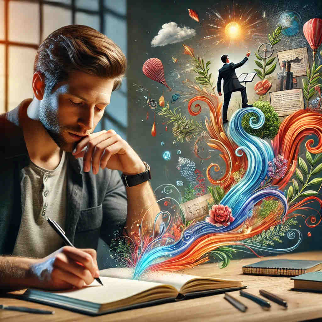 Un homme écrit dans un journal, les pages s'animant d'illustrations colorées de ses progrès.