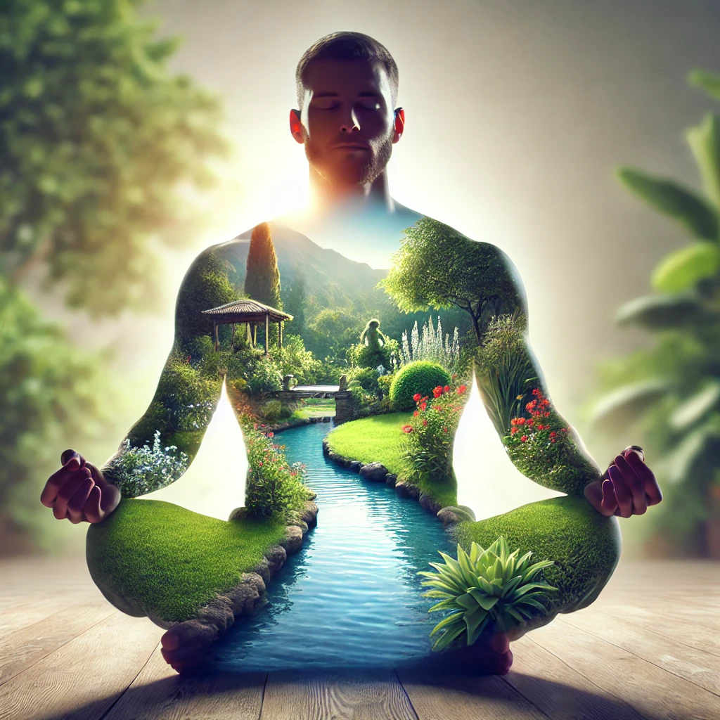 Un homme en position de méditation, un jardin paisible se superposant à sa silhouette.