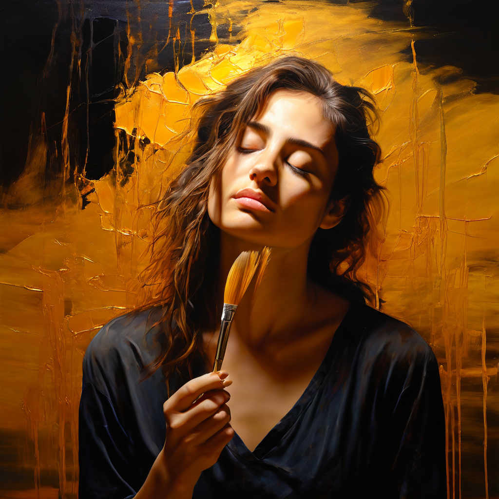 Une artiste utilisant l'alchimie mentale pour transformer sa perception de la fibromyalgie, illustrée par une peinture magique.