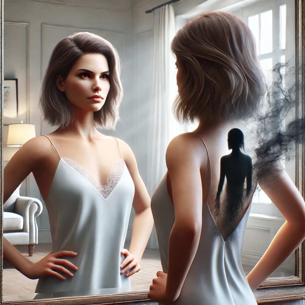 Fibromyalgie gestion douleur naturelle. Une femme affronte son reflet dans le miroir, une ombre se dissipant.