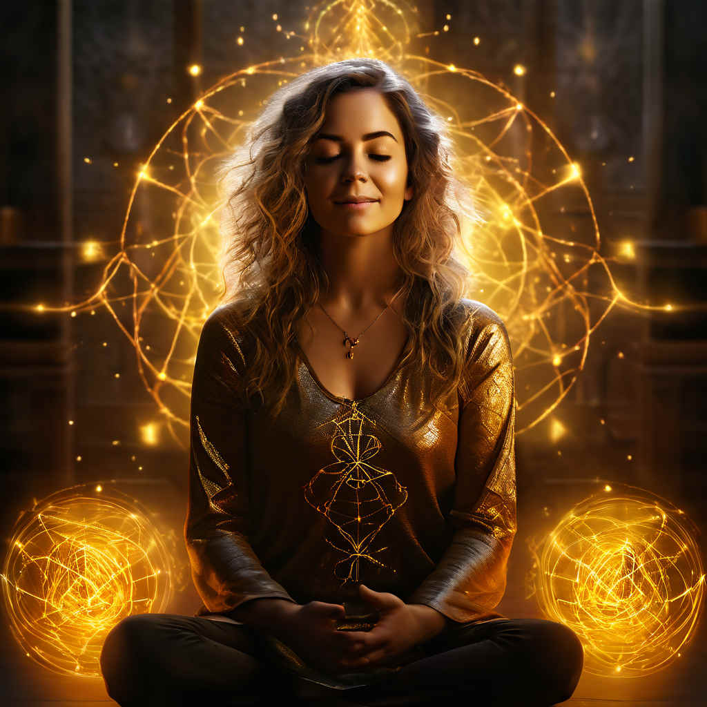 Fibromyalgie alchimie mentale. Une femme pratiquant l'alchimie mentale pour transformer sa fibromyalgie, entourée d'une aura dorée et de symboles alchimiques.