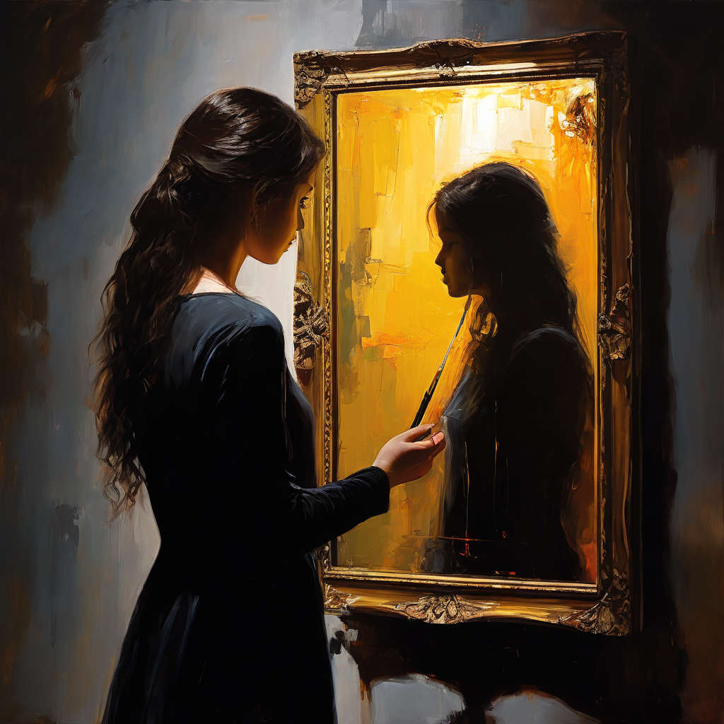 Fibromyalgie alchimie mentale. Une femme transformant son saboteur intérieur en allié grâce à l'alchimie mentale, illustrée par une peinture sur miroir.