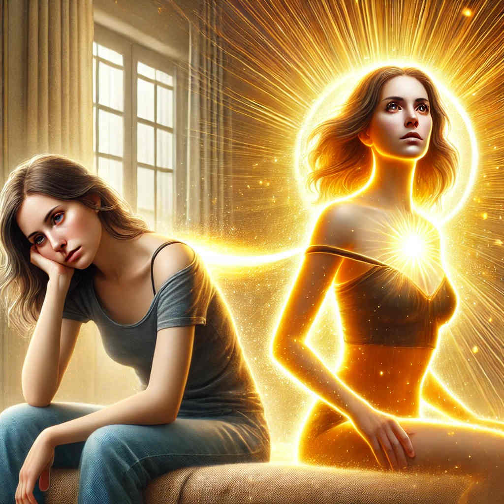 Fibromyalgie gestion douleur naturelle. Une mère fatiguée se transforme en une version énergique d'elle-même, entourée d'une lueur dorée.