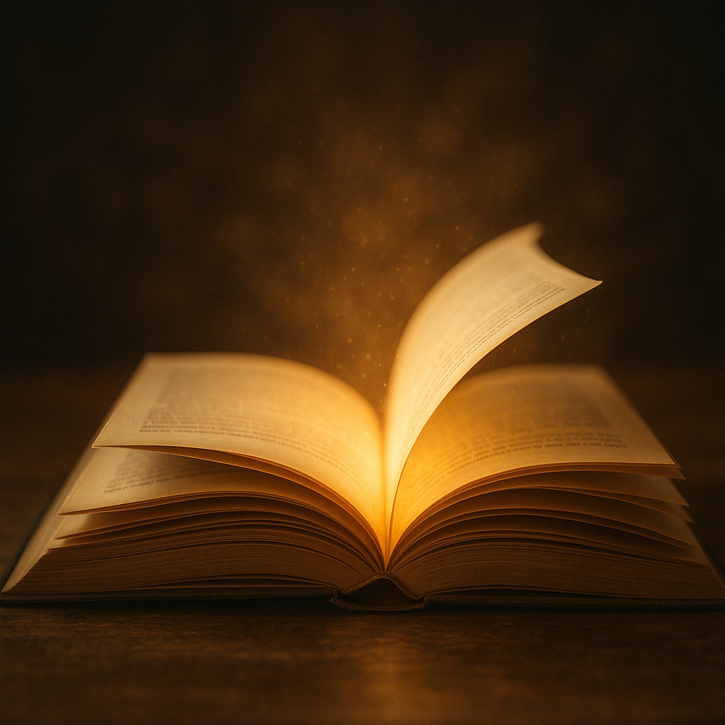 Livre ouvert avec pages qui tournent et lumière dorée, transformation par lecture livres fibromyalgie guérison