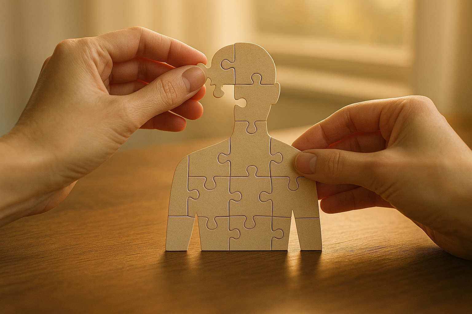 Mains assemblant un puzzle humain symbolisant la reconstruction après trauma, concept livres fibromyalgie guérison