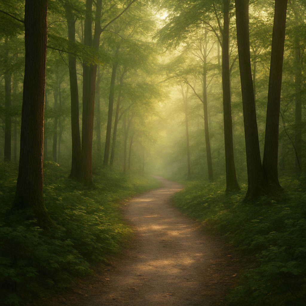 Sentier forestier baigné de lumière symbolisant le chemin de guérison, livres fibromyalgie guérison