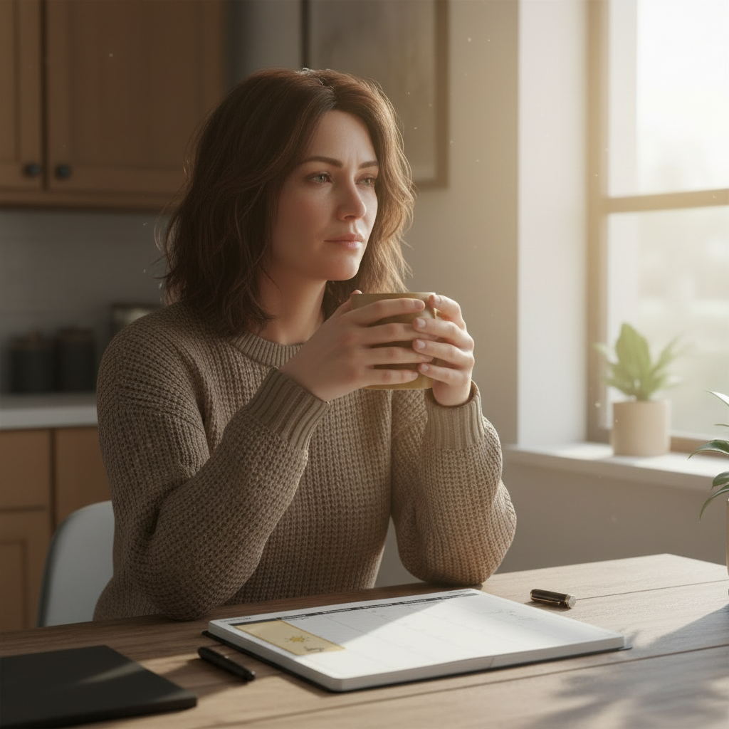 Femme assise à une table de cuisine au lever du jour, tenant une tasse de café, regard perdu dans le vague — illustration du quotidien tenu malgré la fatigue invisible et la douleur chronique.