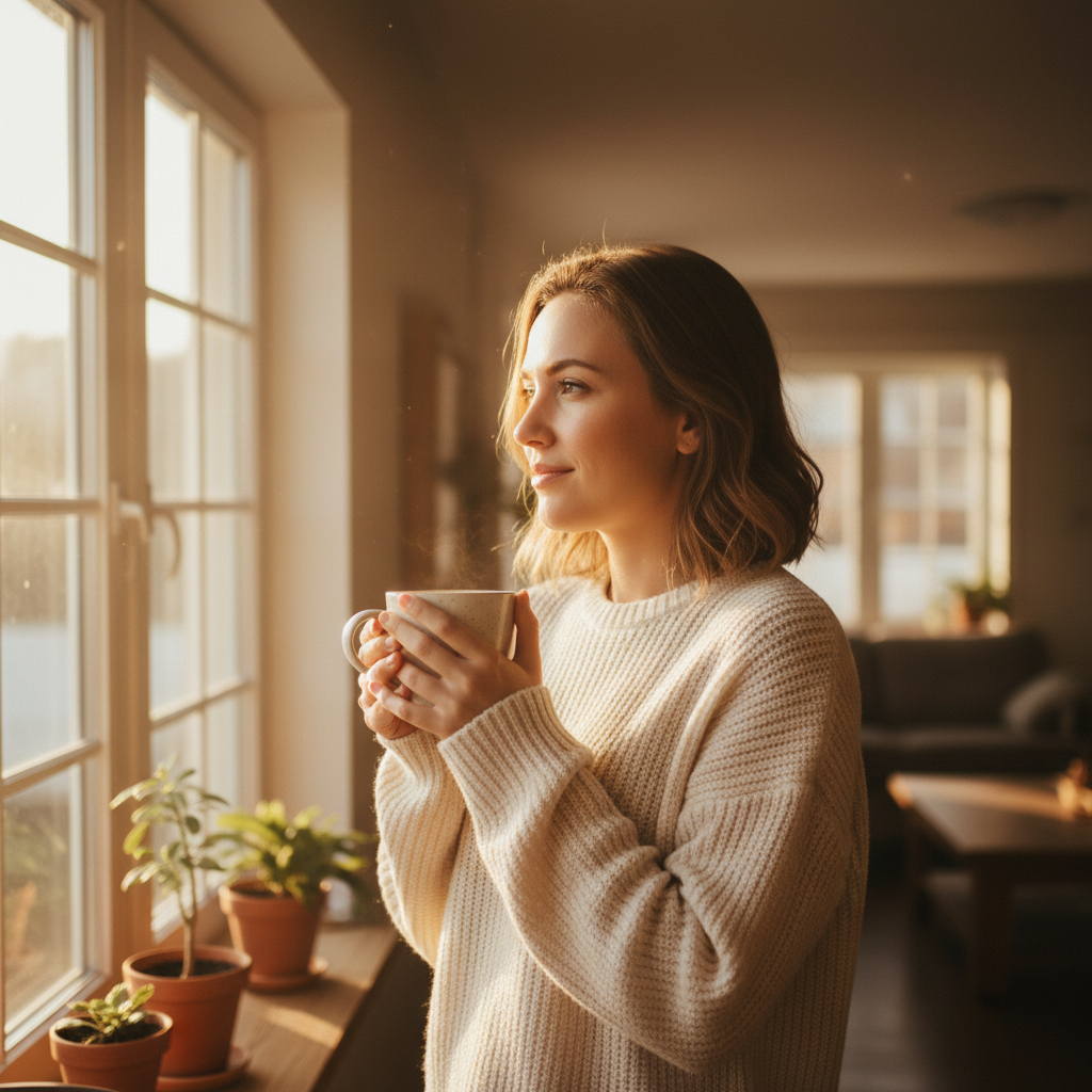 Femme debout à une fenêtre au lever du soleil, tenant une tasse de thé, regardant dehors avec calme et présence — image de la résilience et de la reconquête douce d'une vie choisie après le traumatisme.