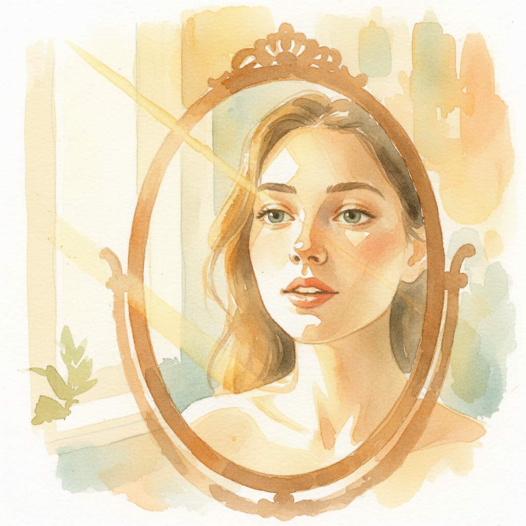 Illustration aquarelle d'une femme qui se regarde dans un miroir avec douceur et curiosité — symbole de la reconquête progressive de l'image de soi et du corps après un traumatisme.