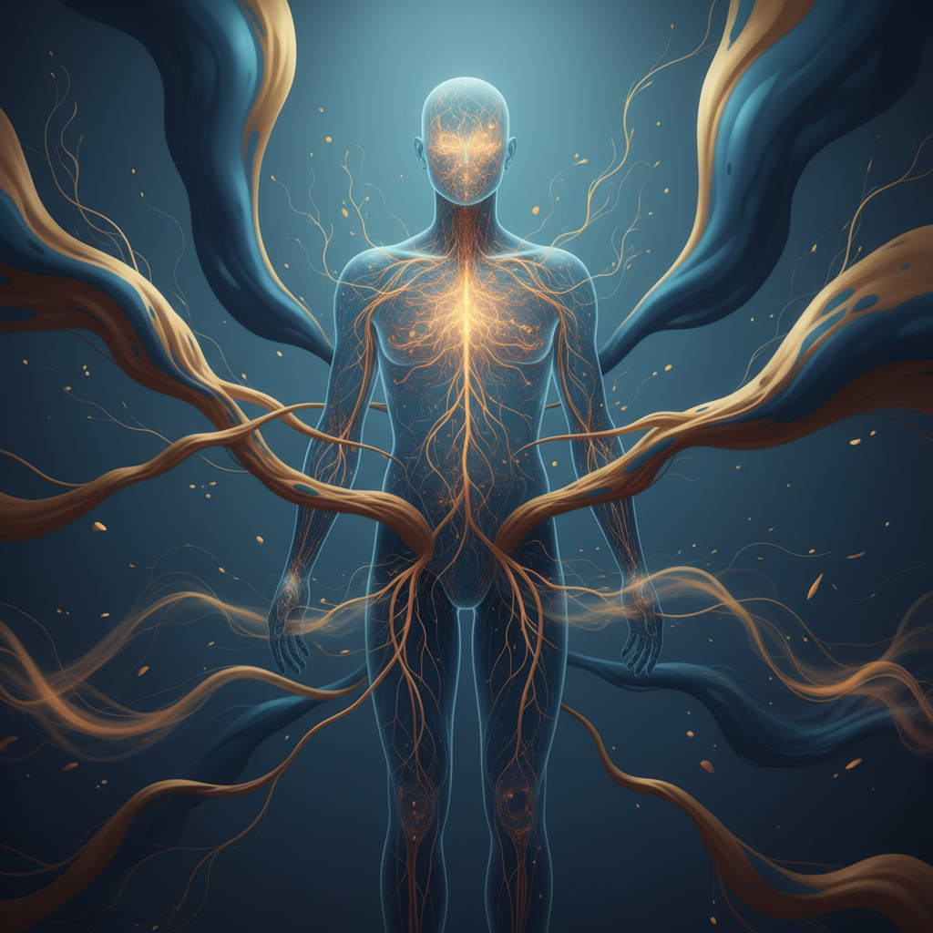 Illustration symbolique du lien entre le système nerveux autonome, la mémoire traumatique et les douleurs chroniques — représentation visuelle du corps comme mémoire d'alarme dans la fibromyalgie.