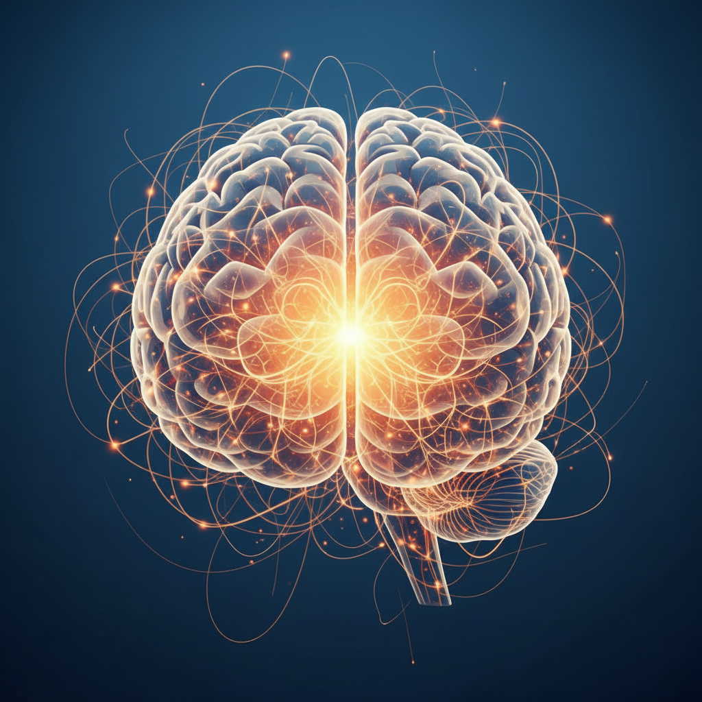 Illustration symbolique d'un cerveau avec une lumière intérieure douce — représentation visuelle de la mémoire émotionnelle, de l'hypervigilance et de la trace neurologique du traumatisme.