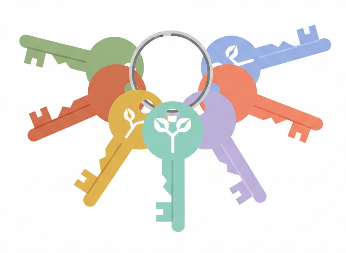 Illustration de sept clés colorées sur un porte-clés — représentation visuelle des sept outils concrets de résilience pour avancer après un traumatisme ou une douleur chronique.
