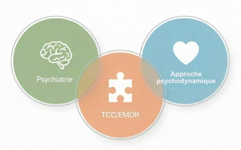 Illustration des trois approches thérapeutiques du traumatisme : psychiatrie (nommer et sécuriser), TCC/EMDR (reconquête graduée) et approche psychodynamique (honte, attachement, récit de soi).
