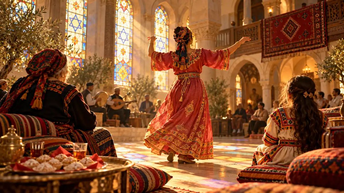 Danseuse kabyle vue de dos, robe brodée or et foulard noué, entre une grand-mère assise et une enfant, sous des vitraux