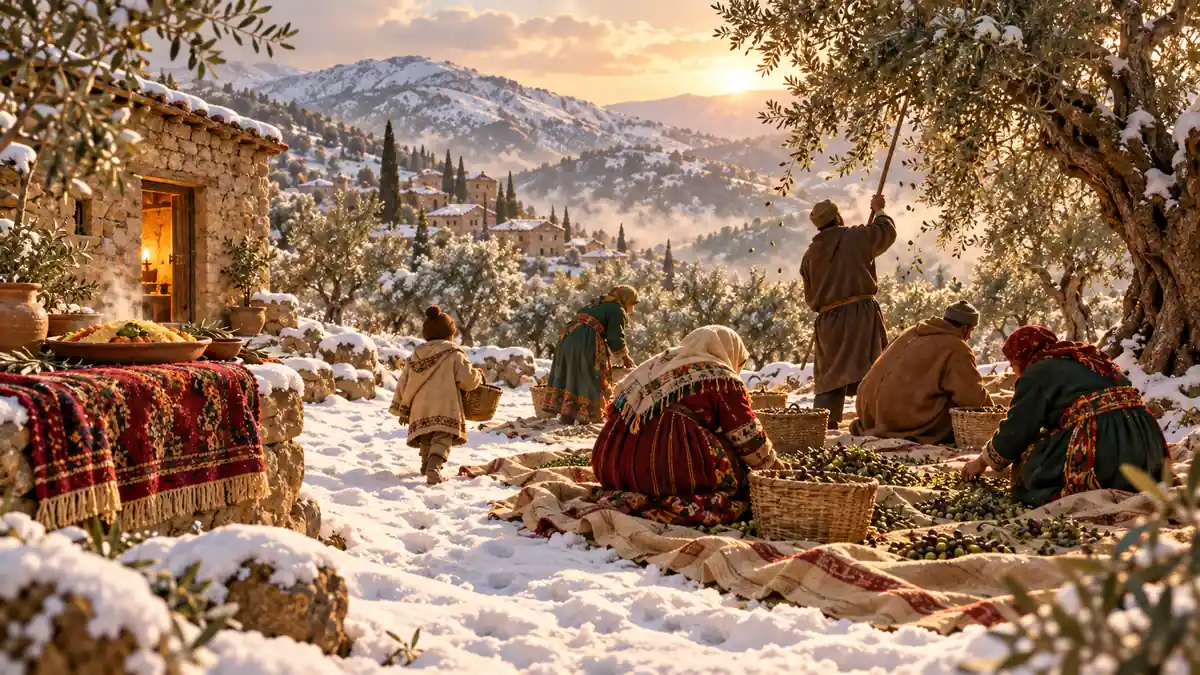 Fibromyalgie et solidarité : plusieurs silhouettes récoltent ensemble les olives dans la neige, paniers tressés, montagne kabyle en hiver