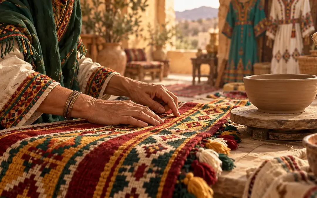 Mains de femme sur un chemin de table kabyle tissé rouge et jaune, pompons de laine, bol d'argile à côté