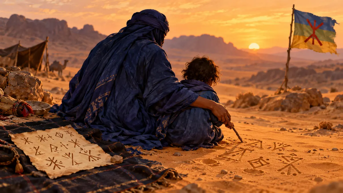 Fibromyalgie et solidarité : une mère, vue de dos, guide la main d'un enfant qui trace des signes tifinagh dans le sable, drapeau amazigh au loin
